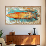 Rustic Surfboard, coastal decor, surf wall art, nautical painting, extra wide art, boho art, beach house decor, Canvas Print