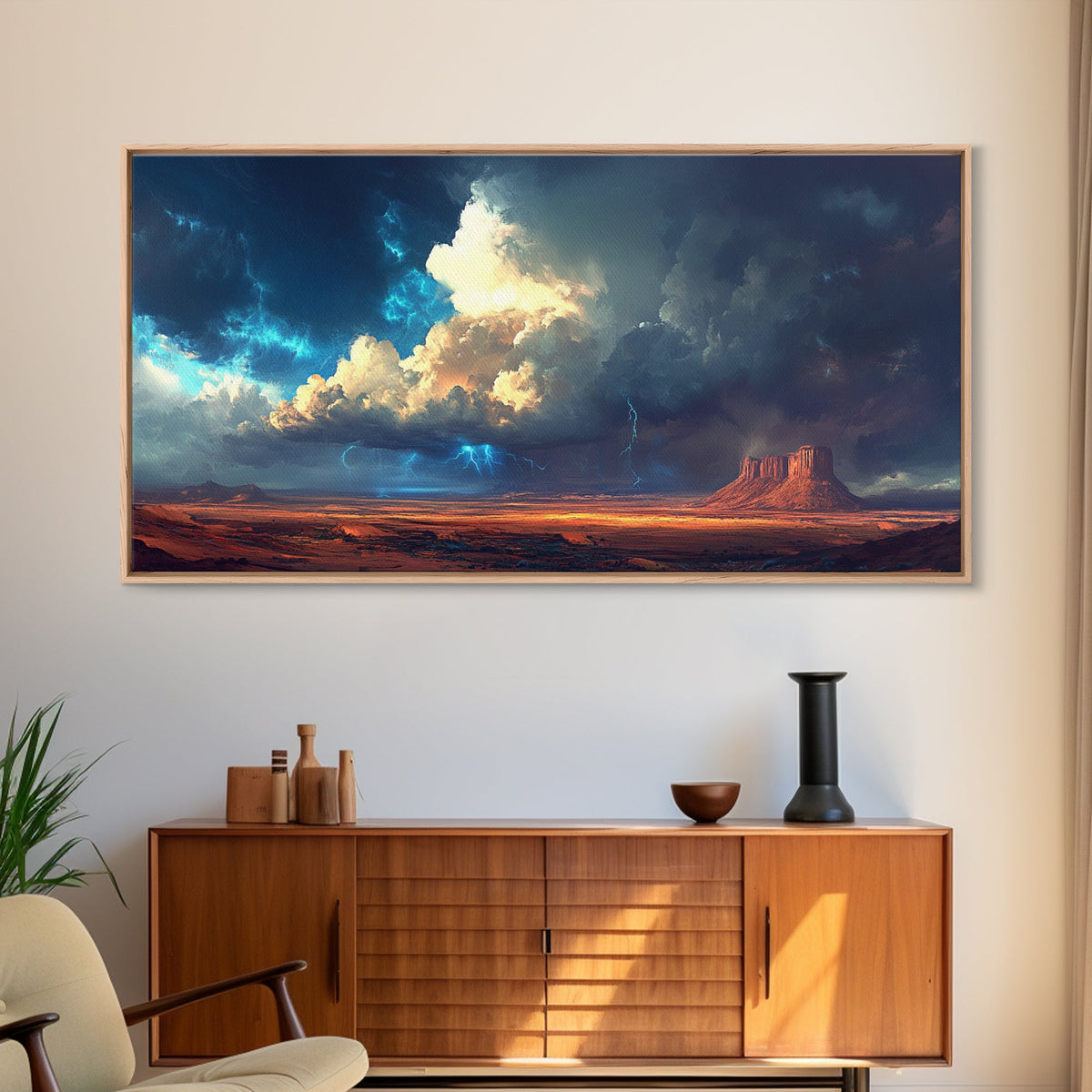 Southwest storm, desert lightning, panoramic art, framed canvas print, mountain painting, extra wide art, dramatic wall art