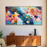 Floral abstract, whimsical art, colorful wildflowers, framed canvas print, botanical prints, pink orange wall art