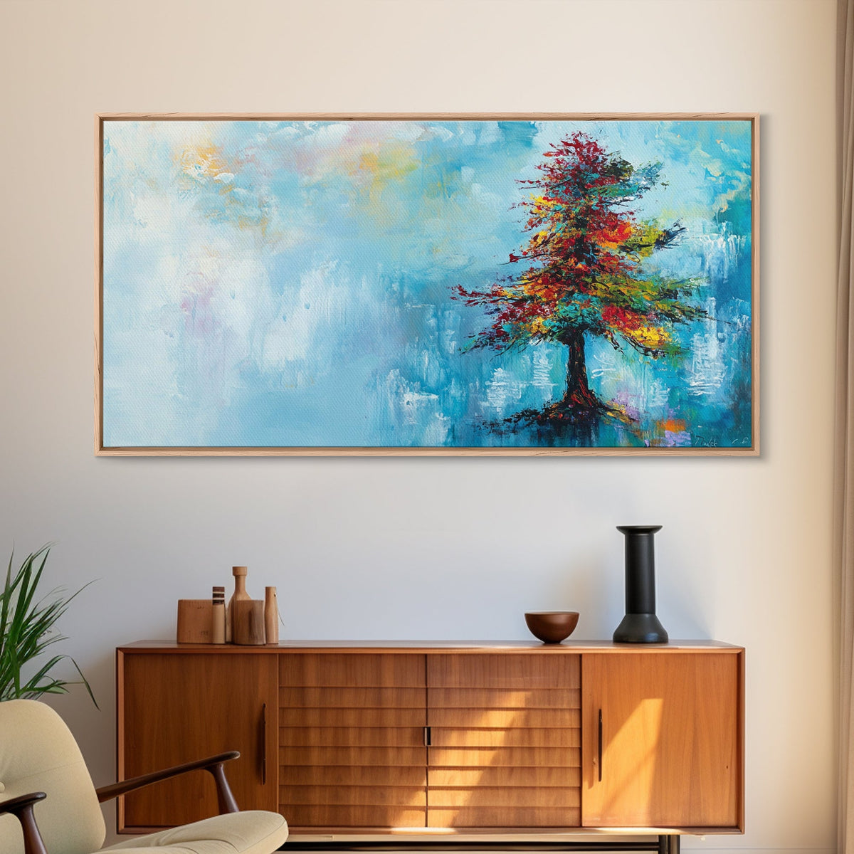 Vibrant Pine Tree, pine tree art, landscape painting, blue and green wall art, colorful abstract art, wabi sabi art, Canvas Print