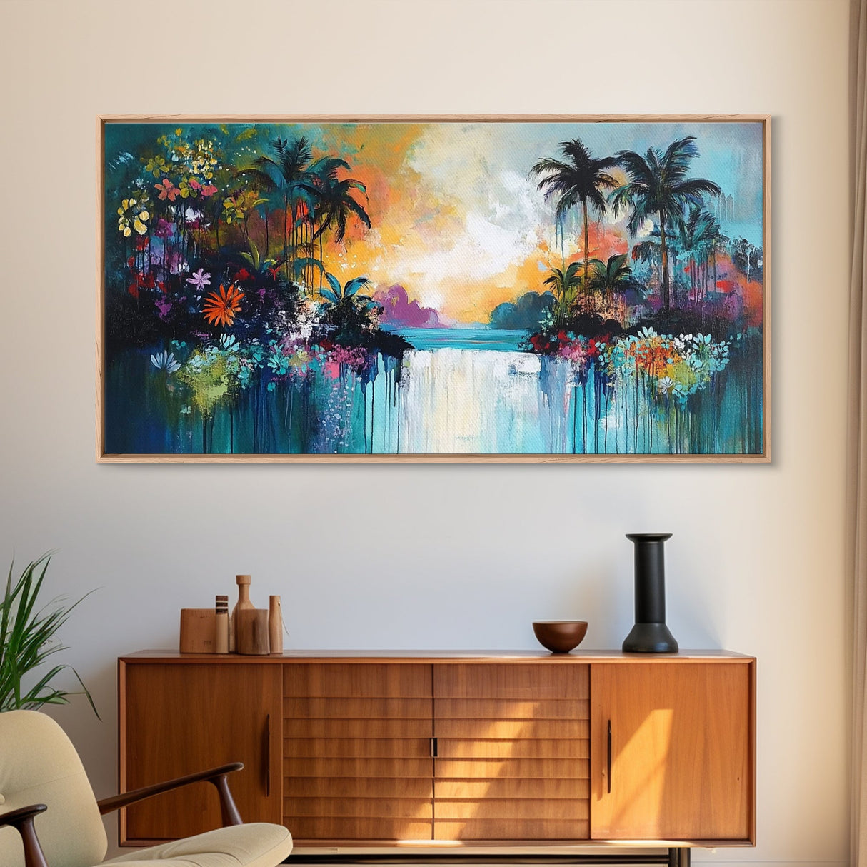 Tropical Sunset, Canvas Print, palm tree painting, coastal decor, wildflower painting, extra wide art, beach wall art
