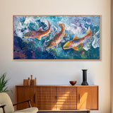 Koi Fish Painting, Framed Canvas Print, fly fishing art, trout art, extra wide painting, colorful fish painting, panoramic art