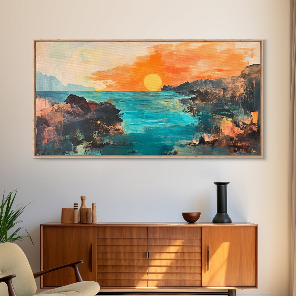 Sunset Seascape, Framed Canvas Print, coastal landscape art, panoramic painting, extra wide painting, above bed art, ocean wall art
