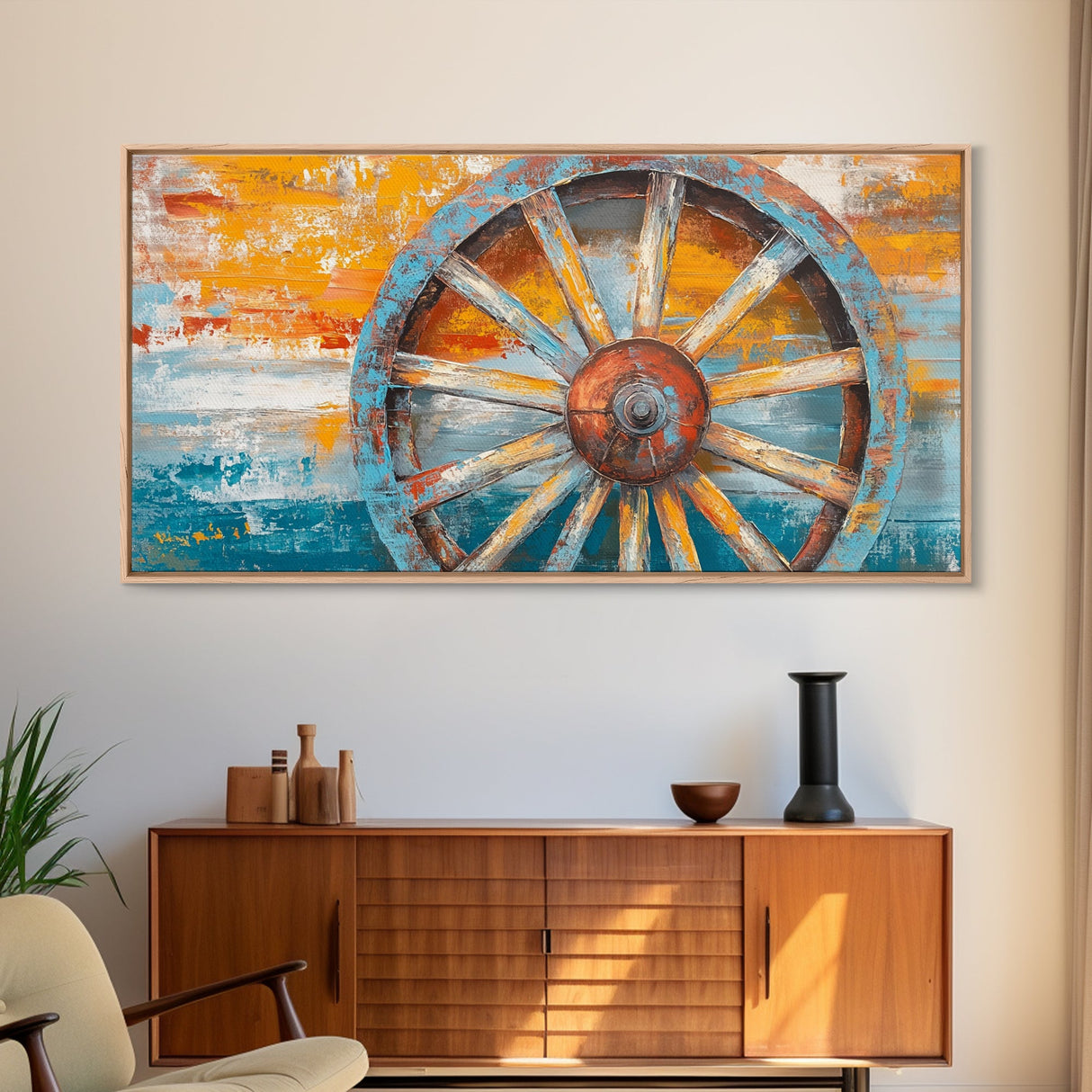 Rustic Wagon Wheel, Canvas Print, western wall art, rustic decor, farmhouse art, extra wide painting, horizontal wall art