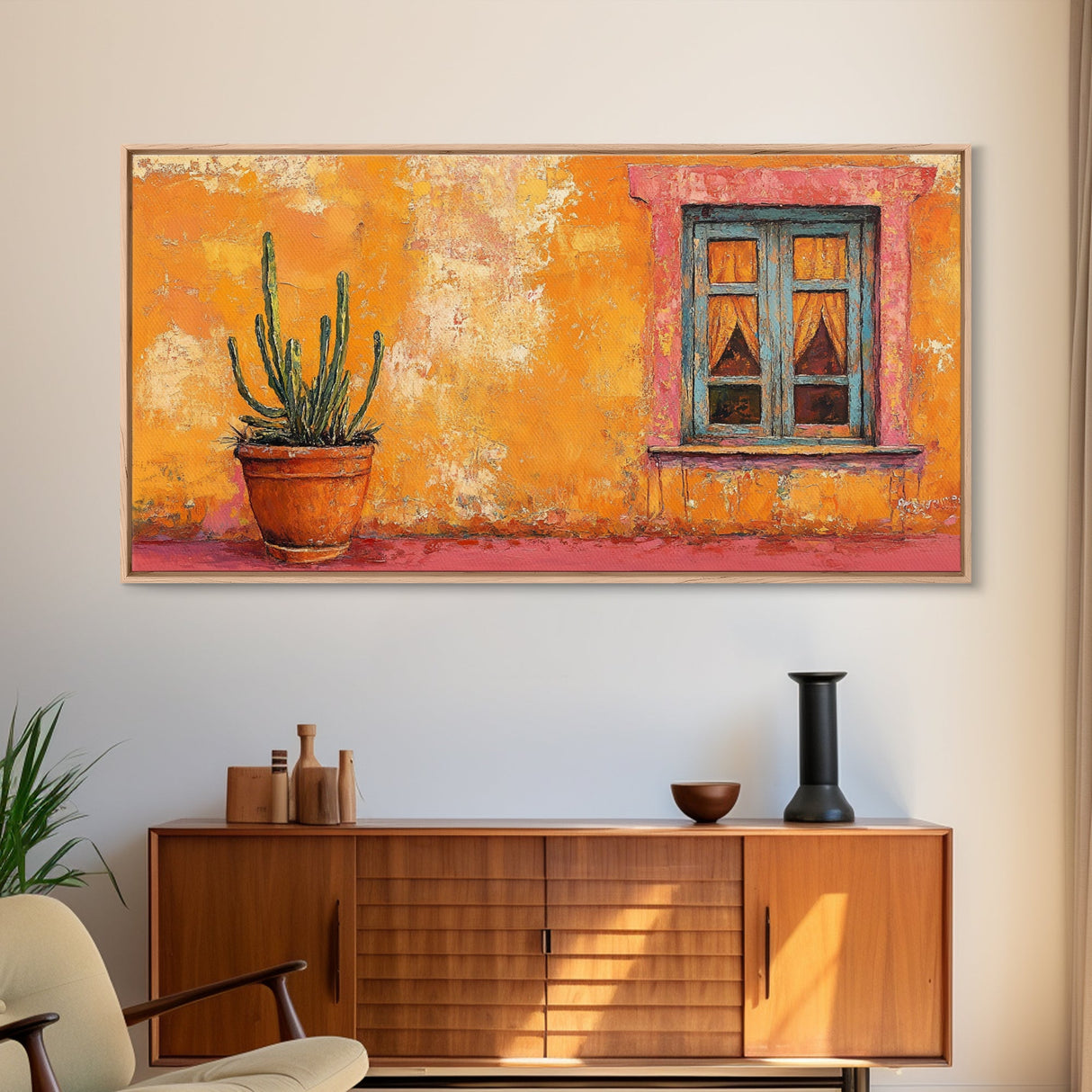 Mexican Window, Canvas Print, southwest wall art, warm color painting, extra wide painting, vibrant art, farmhouse art