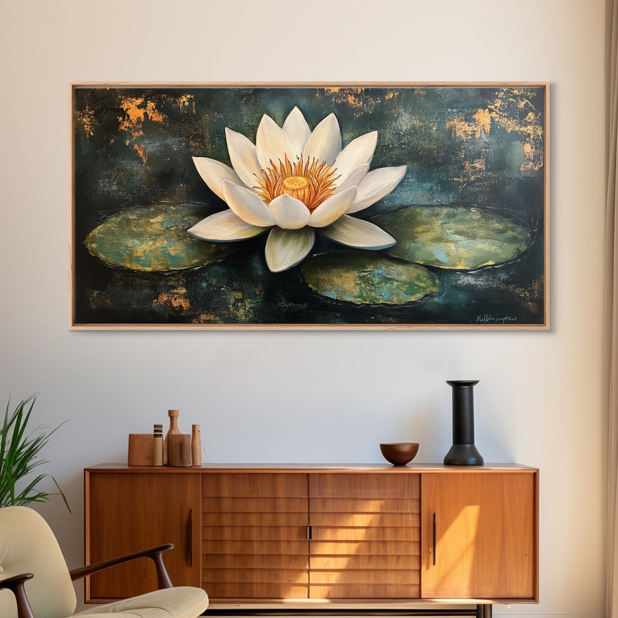 White Lotus, Framed Canvas Print, botanical prints, zen wall art, meditative decor, extra wide painting, spiritual art