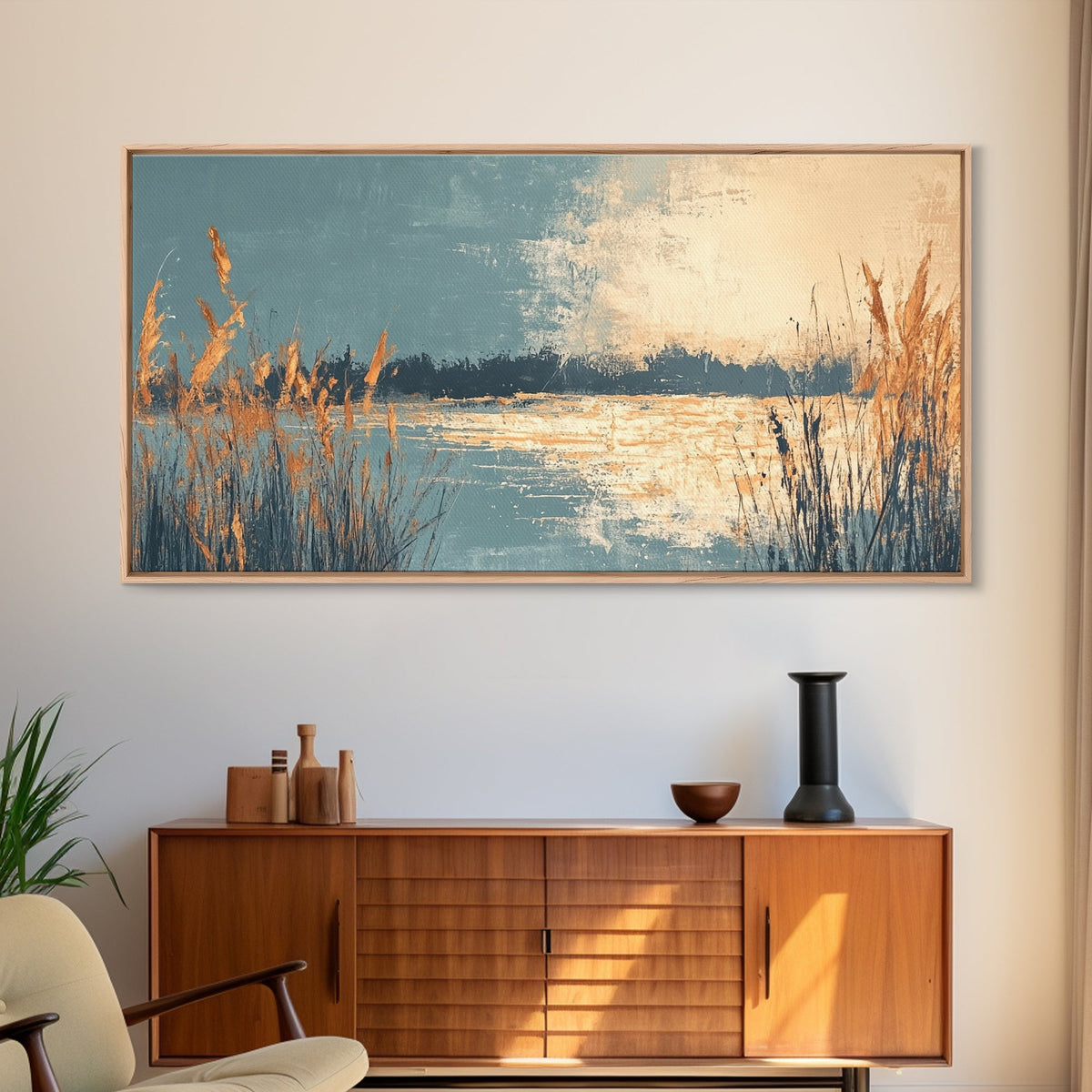 Marsh Landscape, Canvas Print, wabi sabi art, extra wide painting, panoramic wall art, minimalist landscape, soft neutral tones