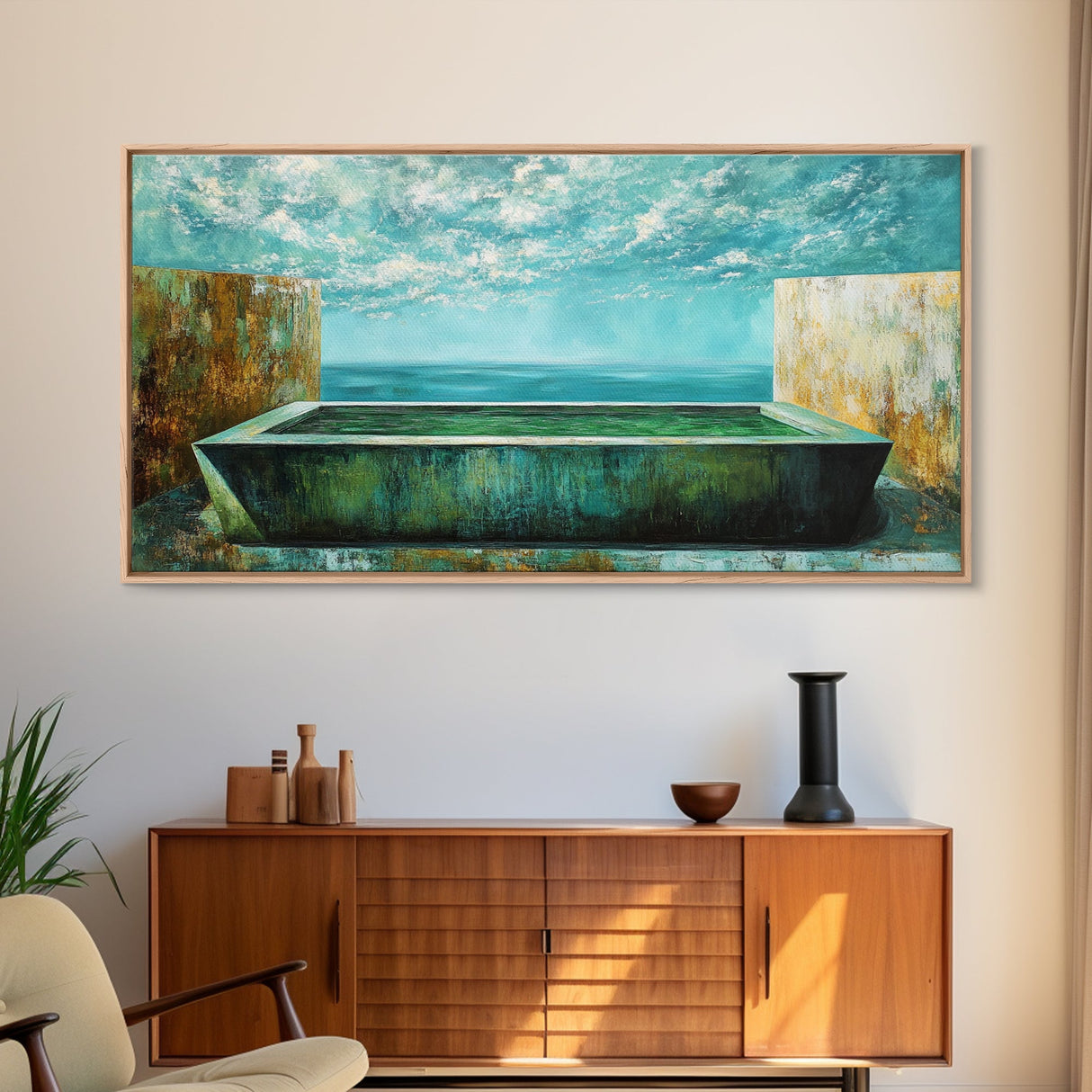 Infinity Pool, Canvas Print, modern landscape art, minimalist decor, extra wide painting, blue and green wall art, contemporary art