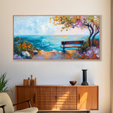 Bench, ocean view, autumn tree, Canvas Print, coastal landscape art, seascape painting, above bed wall art, extra wide art