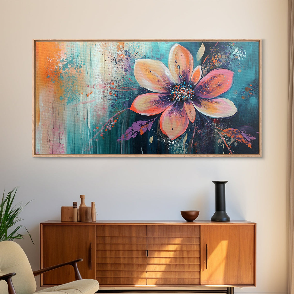 Bright floral, pink orange, Canvas Print, poppy wall art, pink orange wall art, whimsical art, flower painting, above sofa art