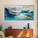 Serene Fjord, mountain painting, lake Tahoe art, blue and green wall art, panoramic painting, extra wide art, Framed Canvas Print, above sofa art