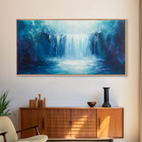 Majestic Waterfall, moody art, blue and green wall art, landscape painting, wabi sabi art, Framed Canvas Print, nature inspired art