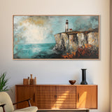 Lighthouse at Cliff, nautical wall art, coastal decor, dramatic seascape painting, panoramic painting, Framed Canvas Print, above sofa art