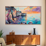 Sunset Over Cliffs, Coastal Painting, Ocean Landscape, Coastal Decor, Nautical Wall Art, Horizontal Wall Art, Framed Canvas Print