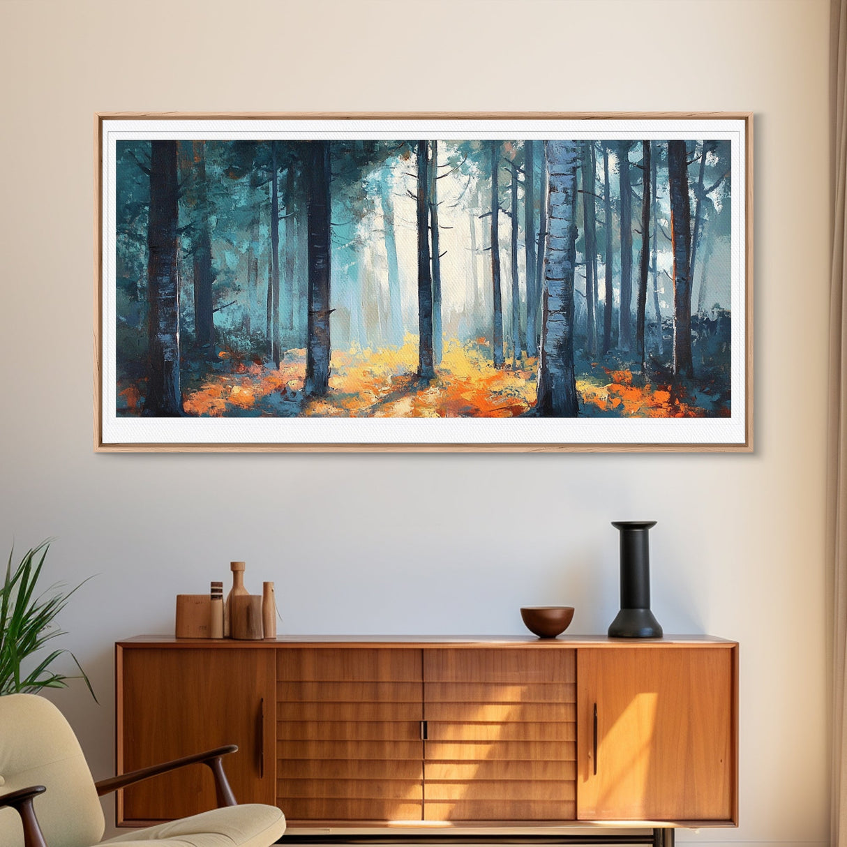 Enchanted Birch Forest, Pine Tree Art, Autumn Landscape, Birch Tree Painting, Rustic Wall Art, Framed Canvas Print, Extra Wide Art