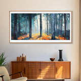 Enchanted Birch Forest, Pine Tree Art, Autumn Landscape, Birch Tree Painting, Rustic Wall Art, Framed Canvas Print, Extra Wide Art