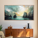 Ocean Cliffs, landscape painting, nautical wall art, moody art, wabi sabi art, extra wide art, textured art, Framed Canvas Print