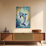 Dolphin, ocean painting, coastal wall art, nautical painting, framed canvas print, blue and green wall art, sea life decor