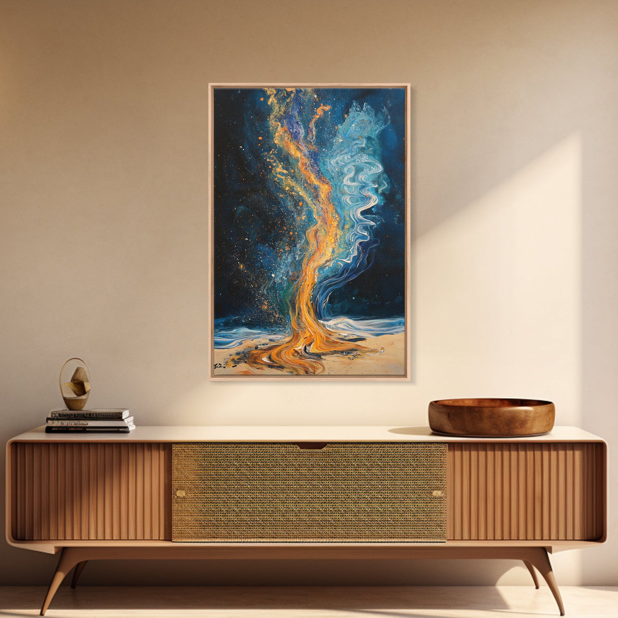 Fire and water, moody art, sacred geometry wall art, phoenix metal art, framed canvas print, abstract cosmic painting, mystical decor