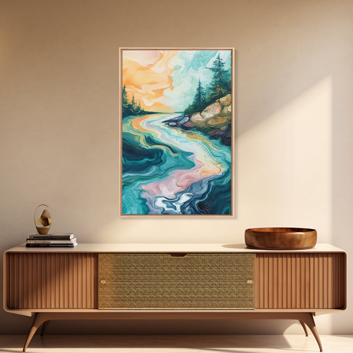 Swirling River Art, Abstract Nature Scene, Dreamy Landscape, Flowing Water, Boho Wall Art, Colorful Decor, Canvas Print
