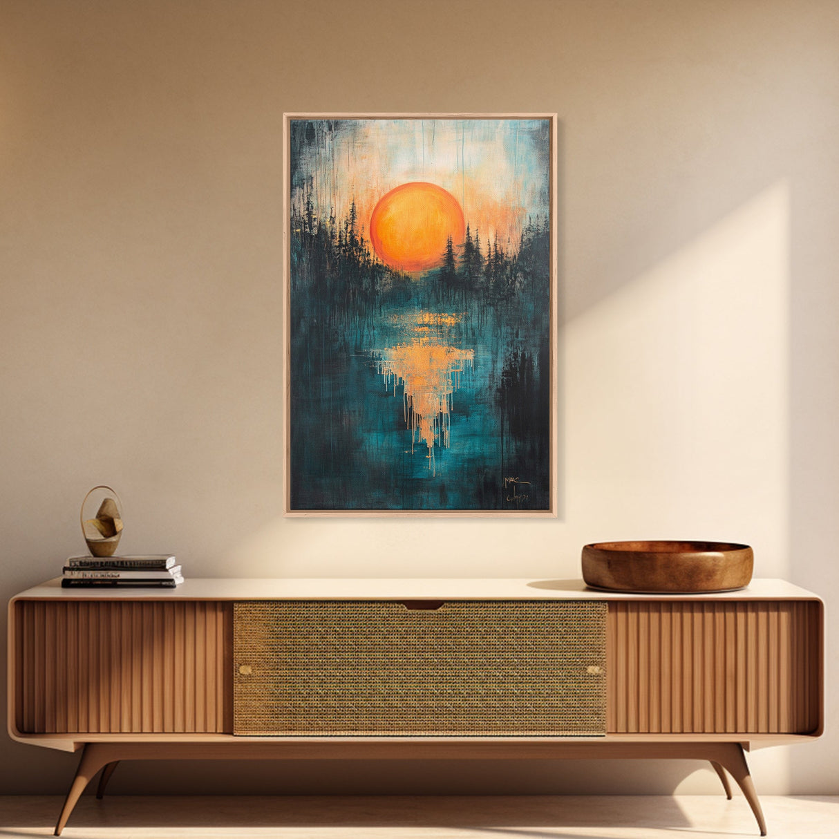 Sunset Over Water, Forest at Dusk Painting, Moody Landscape, Warm Glow Art, Nature Wall Art, Rustic Decor, Canvas Print