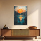 Sunset Over Water, Forest at Dusk Painting, Moody Landscape, Warm Glow Art, Nature Wall Art, Rustic Decor, Canvas Print