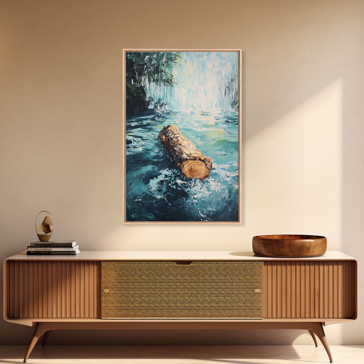 Log in Water, Forest at Dusk Painting, Rustic Nature Scene, Moody Wall Art, Blue and Green Decor, Framed Canvas Print