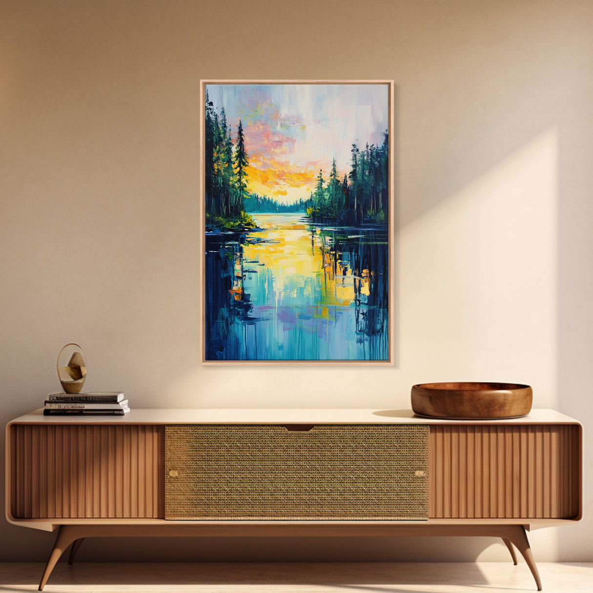 Golden Glow, lake Tahoe art, mountain painting, landscape painting, above bed wall art, framed canvas print, panoramic painting