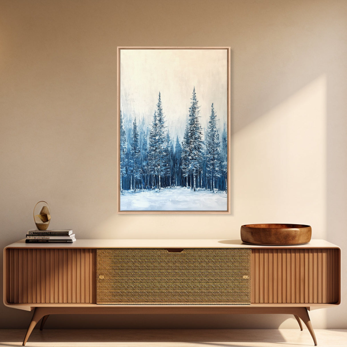 Winter Forest Scene, pine tree art, rustic wall art, moody art, landscape painting, minimalist art, Framed Canvas Print