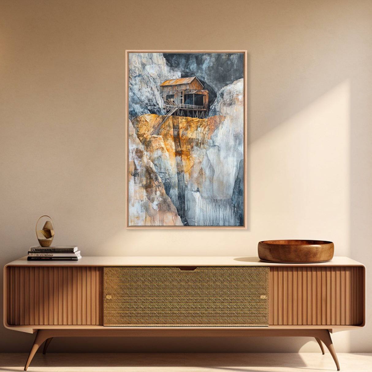 Rustic Cabin on Cliff, barn landscape painting, rustic art, farmhouse art, wabi sabi art, vintage horse art, Framed Canvas Print
