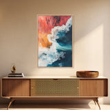 Fiery Ocean Wave, pink orange wall art, coastal landscape art, teal wall art, moody art, ocean abstract art, Framed Canvas Print