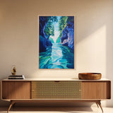 Serene Lake View, mountain painting, lake Tahoe art, blue and green wall art, landscape painting, boho art, Framed Canvas Print