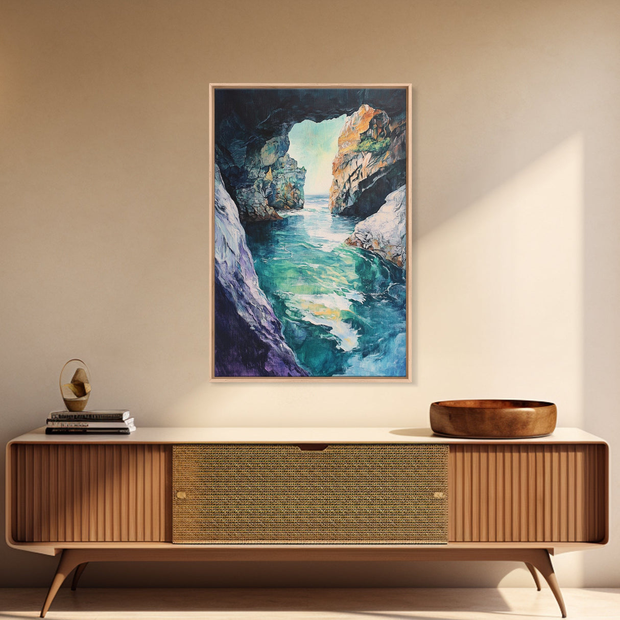 Hidden Sea Cave, nautical wall art, coastal decor, rustic wall art, moody art, Canvas Print, extra wide panoramic art