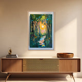 Forest Sunrise Path, wildflower painting, forest at dusk painting, wabi sabi wall art, whimsical art, Canvas Print