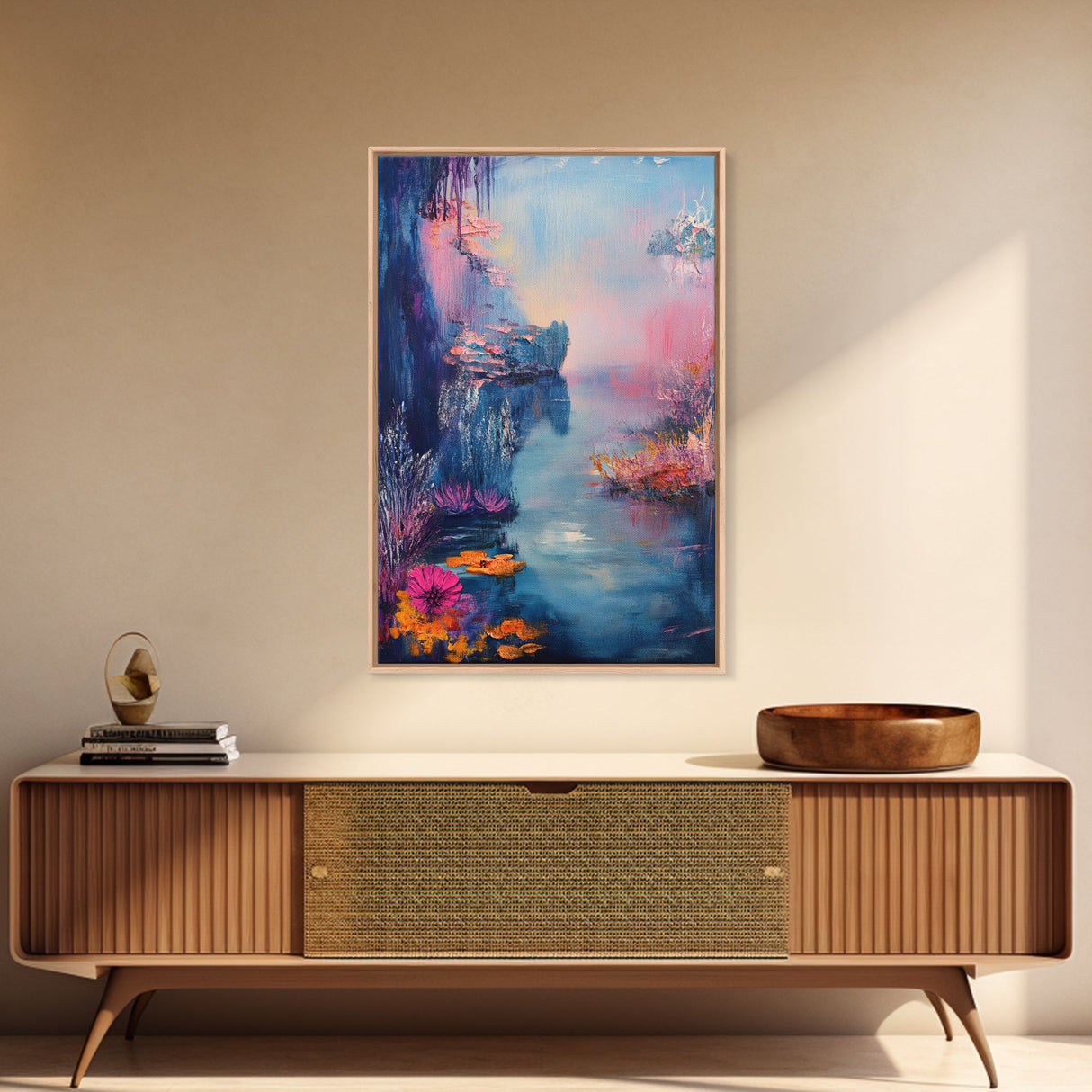 Dreamy Lake Scene, pink abstract art, blue and green wall art, moody art, vertical wall art, framed canvas print, living room art