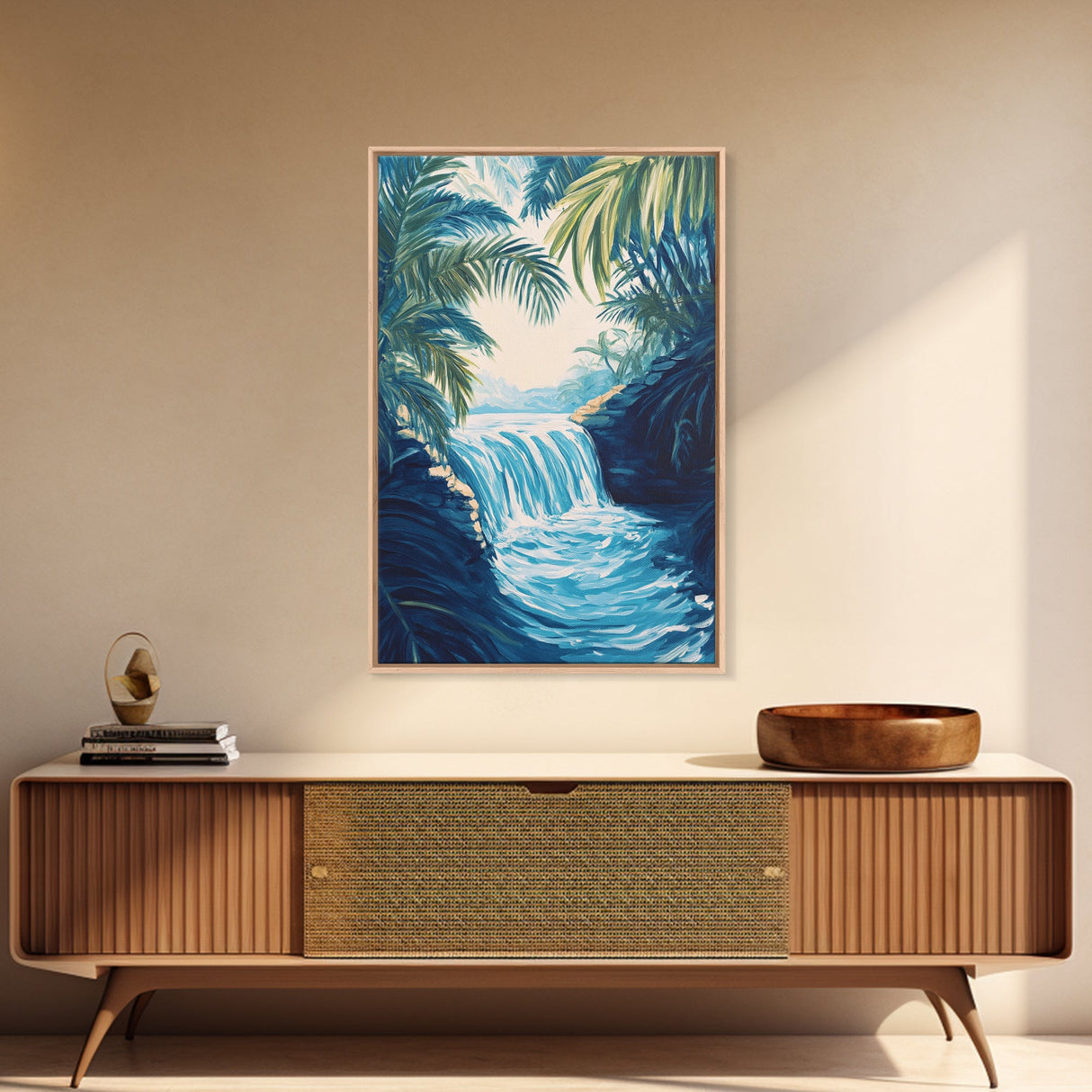 Jungle Waterfall View, tropical landscape painting, botanical prints, blue and green wall art, canvas print, extra wide art