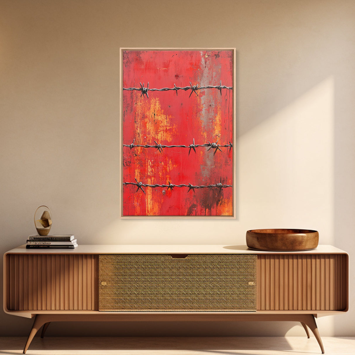 Barbed Wire, Chicano Art, Industrial Wall Art, Rustic Decor, Moody Art, Red Abstract Art, Framed Canvas Print, Gift Idea