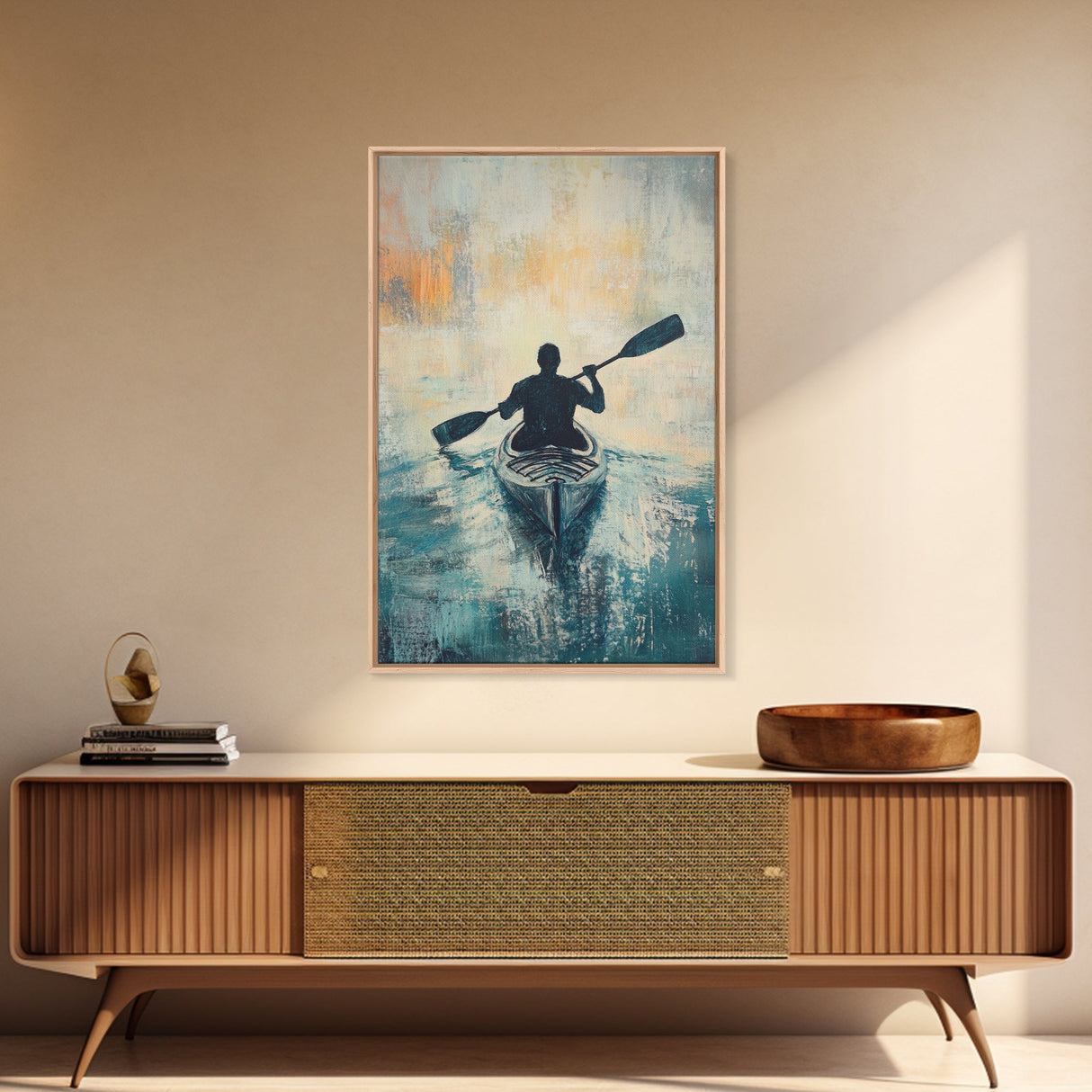 Kayaker at Sunset, Coastal Landscape Art, Nautical Wall Art, Moody Art, Above Sofa Art, Ocean Painting, Framed Canvas Print