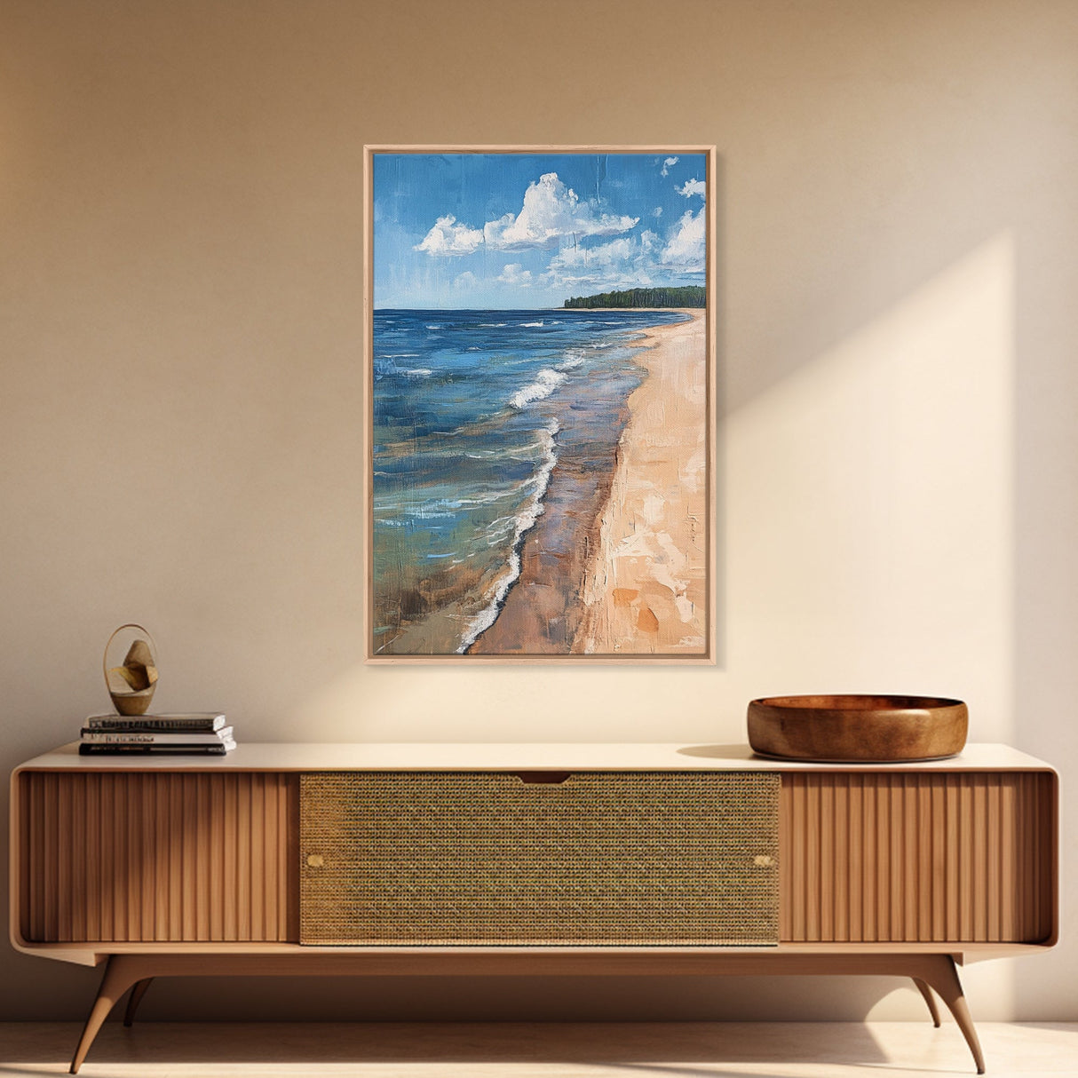 Sandy Beach Shoreline, Coastal Landscape Art, Nautical Decor, Ocean Painting, Seascape Wall Art, Beach House Art, Canvas Print