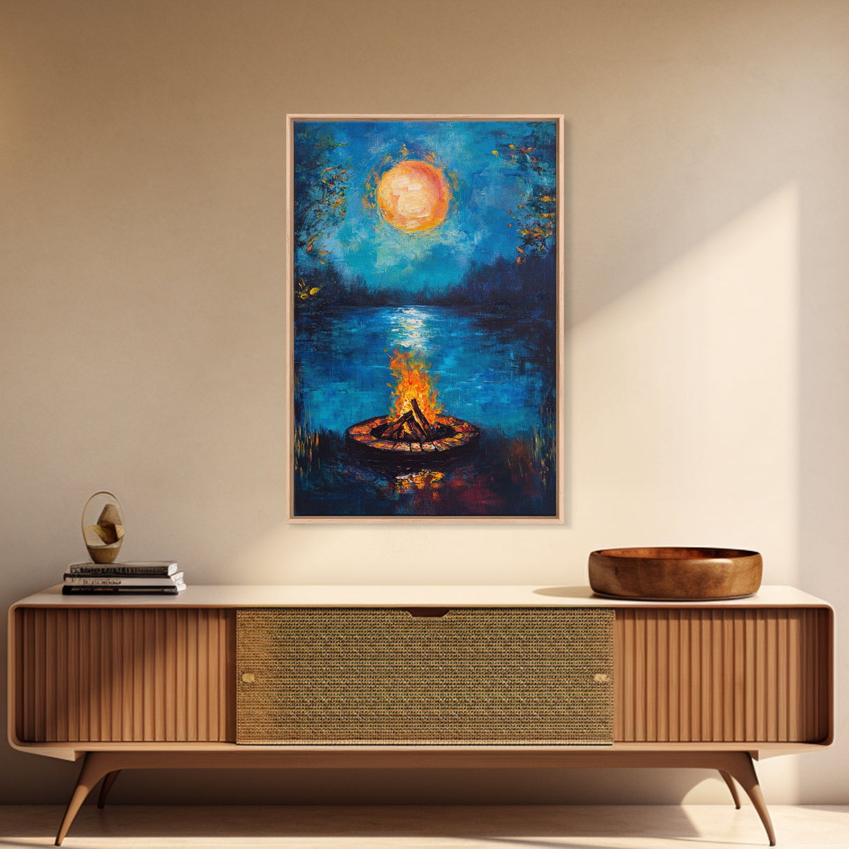 Campfire, Moonlight, Reflection, Framed Canvas Print, landscape painting, moody art, rustic wall art, blue and green wall art, bedroom art