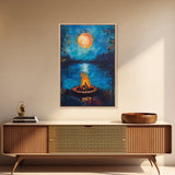 Campfire, Moonlight, Reflection, Framed Canvas Print, landscape painting, moody art, rustic wall art, blue and green wall art, bedroom art