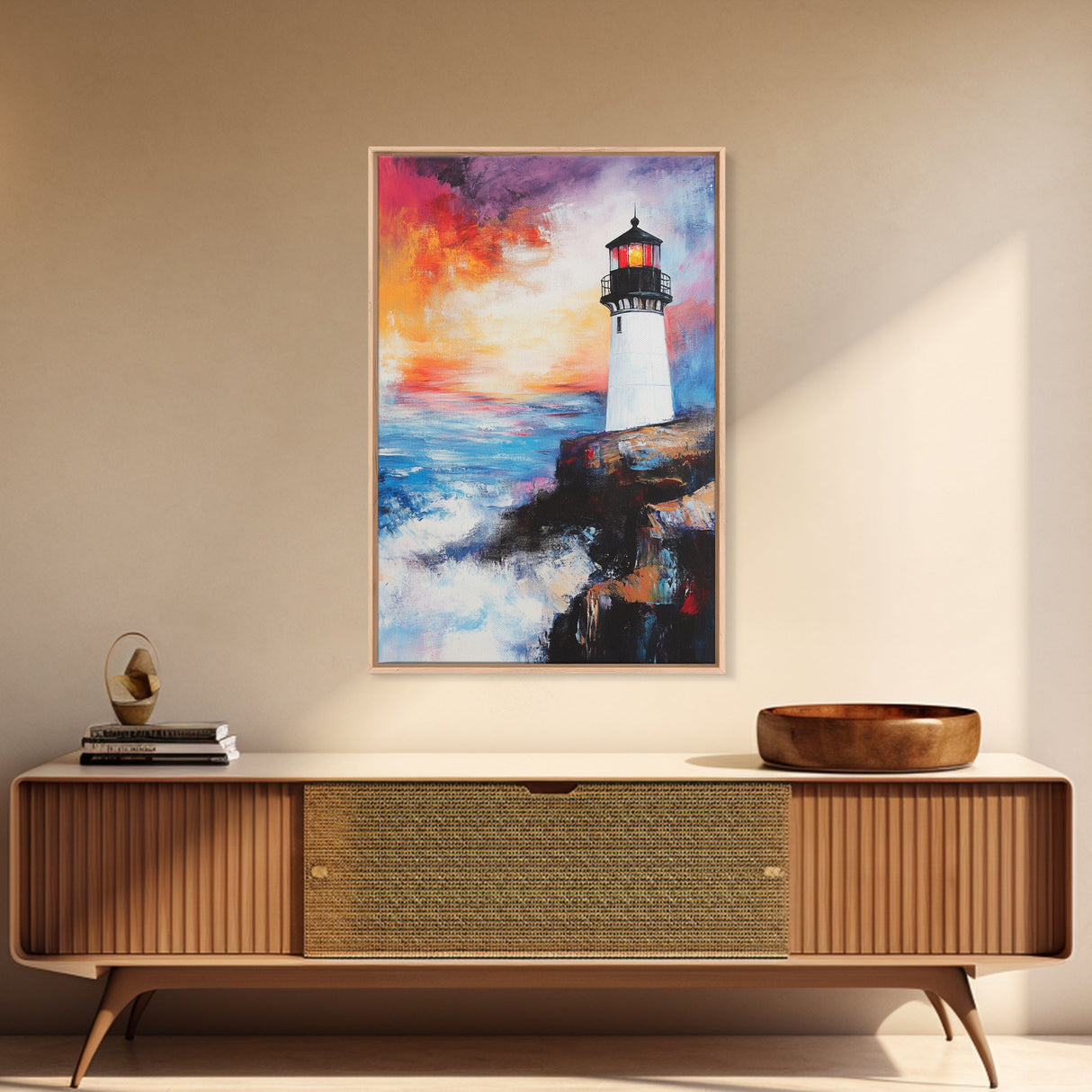 Lighthouse, Ocean, Sunset, Framed Canvas Print, coastal wall art, seascape painting, nautical painting, original painting, rustic decor