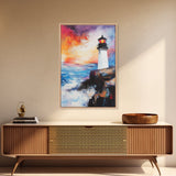 Lighthouse, Ocean, Sunset, Framed Canvas Print, coastal wall art, seascape painting, nautical painting, original painting, rustic decor