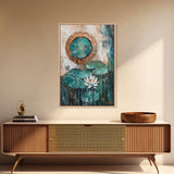 Lotus, Gold, Abstract, Framed Canvas Print, wabi sabi art, mosaic wall art, teal wall art, zen wall art, sacred geometry wall art