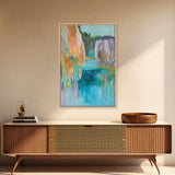 Abstract Landscape, blue and green wall art, horizon painting gray white, rustic art, gift idea for her, Framed Canvas Print