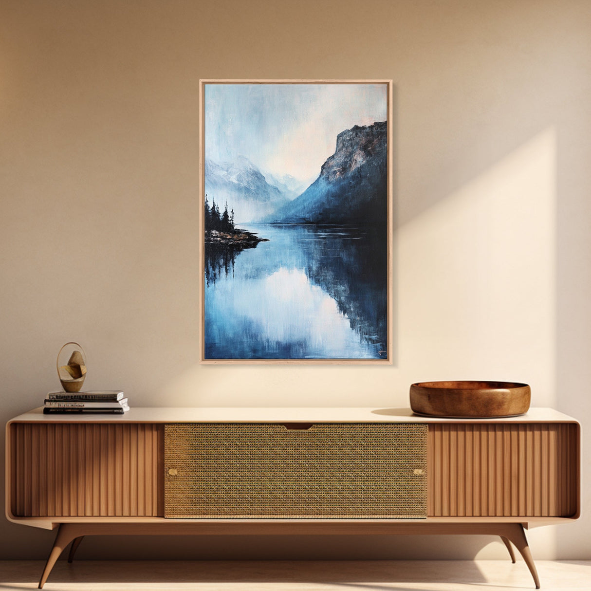 smoky mountain art, pine tree art, rustic wall art, blue and green wall art, panoramic painting, Framed Canvas Print, above couch art