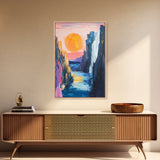 pink orange wall art, sunset painting, abstract landscape painting, blue and green wall art, Framed Canvas Print, boho art, modern decor