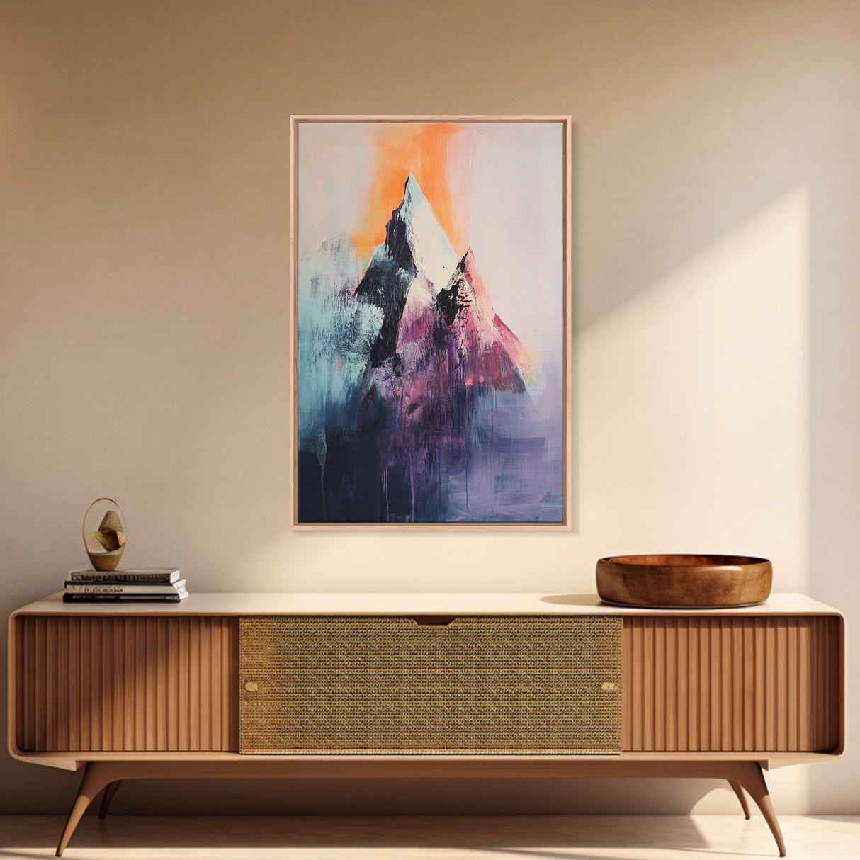 mountain painting, moody art, blue and green wall art, modern landscape painting, art nouveau print, Framed Canvas Print, minimalist art