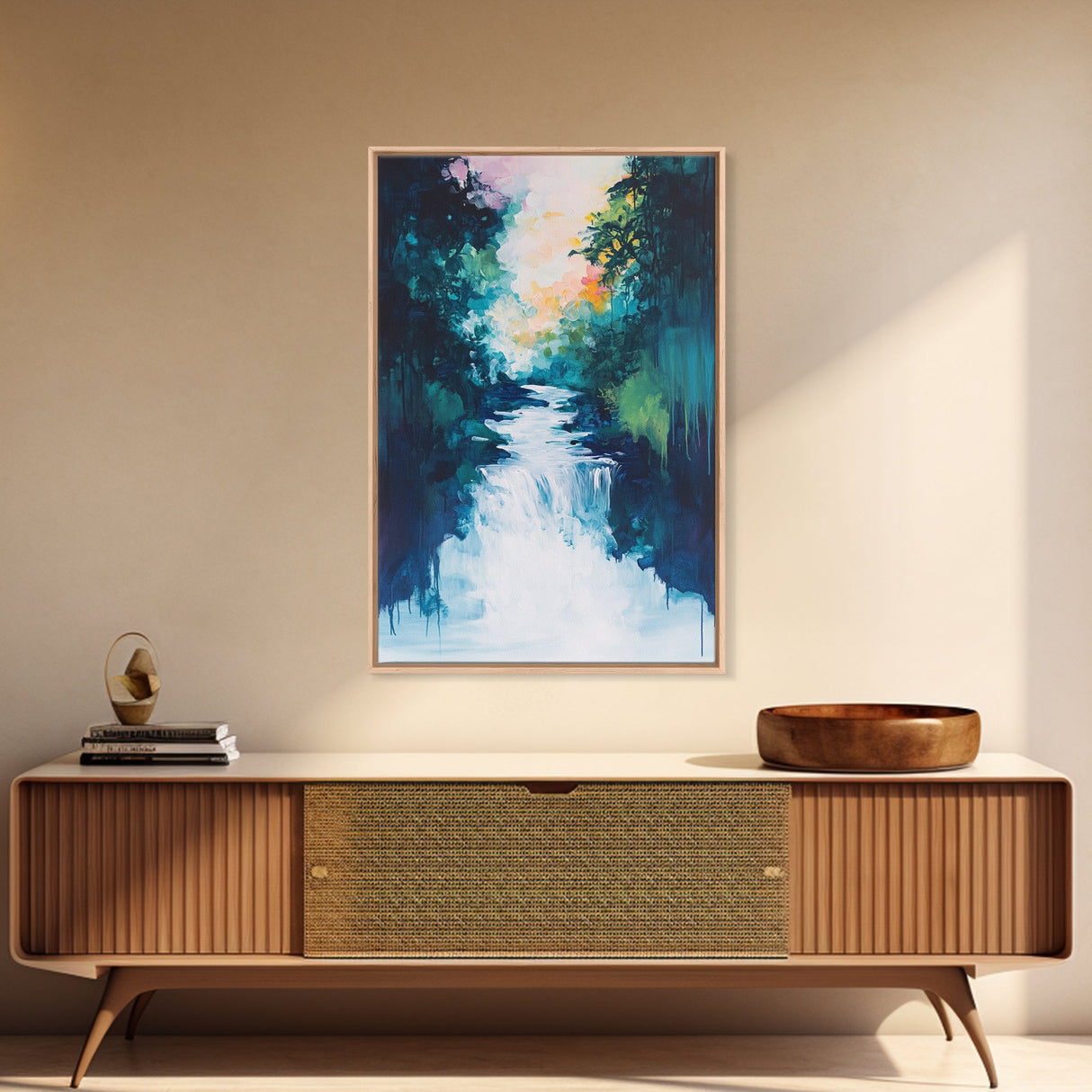 Waterfall Painting, Moody Art, Coastal Landscape Art, Framed Canvas Print, Above Sofa Art, Living Room Art, Vertical Wall Art