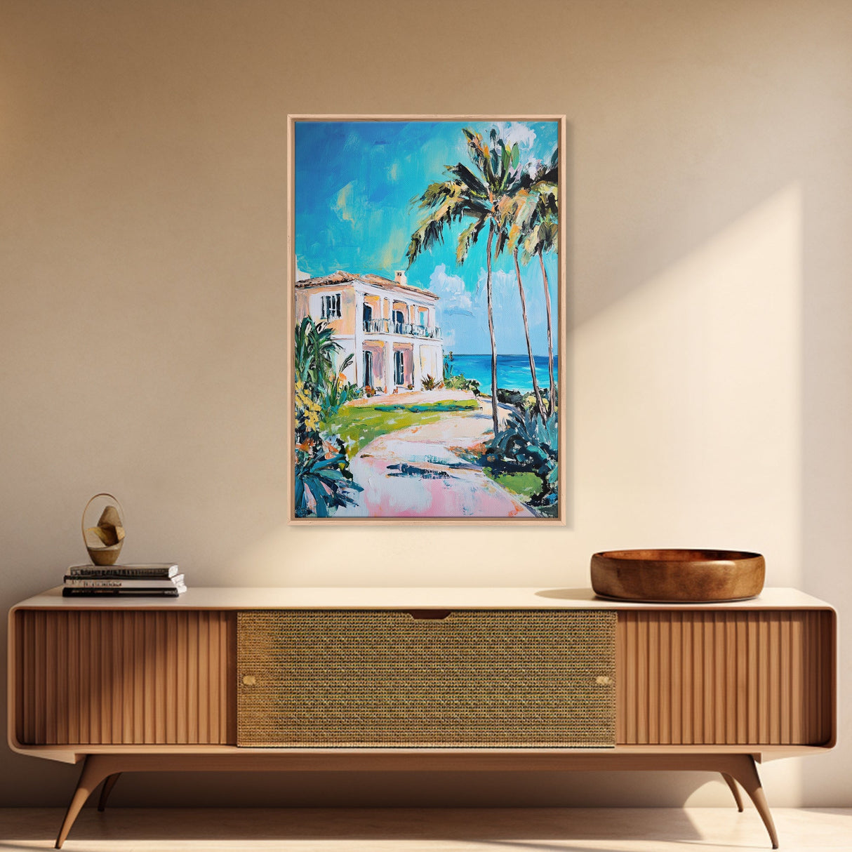 Palm Tree Art, Tropical House Painting, Coastal Landscape Art, Framed Canvas Print, Nautical Painting, Coastal Decor, Boho Art